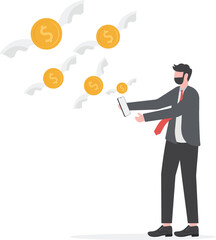 Financial smart phone application, online money transaction or mobile banking concept, young adult man using mobile banking application to transfer money or make online shopping transactions.

