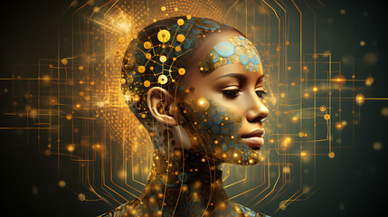 abstract head Golden Threads of Afrofuturistic Elegance: Hyper-Detailed Portraits and Digital Innovations in Teal, Gold, and Traditional  Artistry