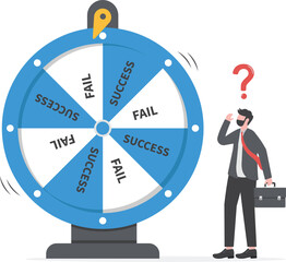 A businessman spins the wheel of his luck but doesn't match the box signifies hesitation in running a business.


