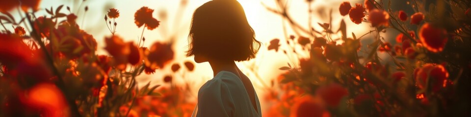 golden hour reverie, a solitary silhouette with fiery flowers, international women's day concept, - obrazy, fototapety, plakaty