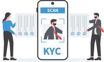 KYC or know your customer with business verifying the identity of its clients concept at the partners-to-be through a magnifying glass vector illustrator

