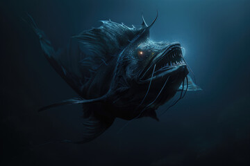 An eerie abyssal anglerfish prowling the depths of the ocean - obrazy, fototapety, plakaty