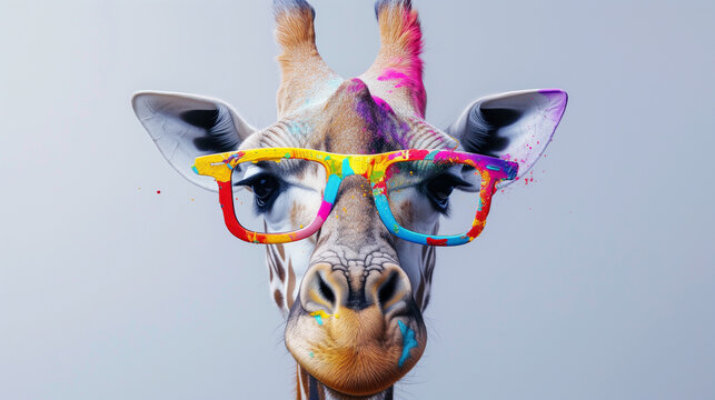 Surreal Portrait of a Giraffe with Colorful Paint Splashes and Glasses