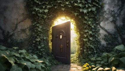 a secret garden door, overgrown with ivy, and a keyhole emitting a mysterious golden light.
