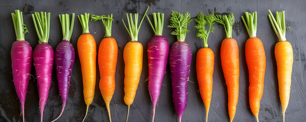 Vibrant, nutrient-rich carrots and radishes stand tall in a row, showcasing the beauty and...