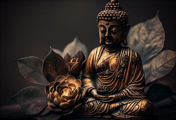Creative religious concept. Rustic gold ancient Buddha with lotus. Generative AI