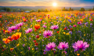 Fototapeta premium Sunny spring field: Vibrant flowers under the sun