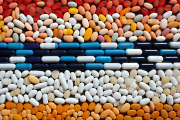 Background with pills and capsules in neon blue and purple colors. Medical drug or dietary supplement concept.