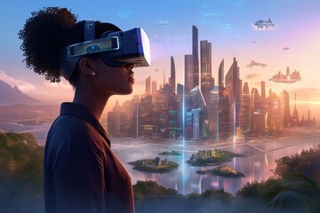 Young Black Woman Wearing Virtual Reality Headset in Front of Futuristic City