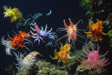 Obraz na płótnie Canvas A vibrant ensemble of deep-sea amphioxus thriving in their undersea environment