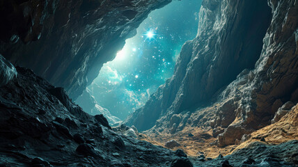 Space unearthly landscape stone cave overlooking the galaxy - obrazy, fototapety, plakaty