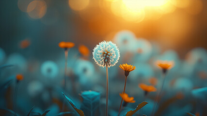 Dandelions and flowers in the glory morning light, beauty and magic natural - obrazy, fototapety, plakaty
