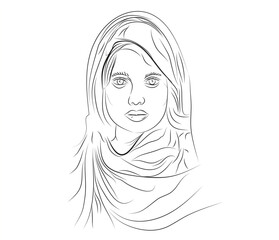Head Shawl woman line art (girl with head scarf 
 vector drawing)
