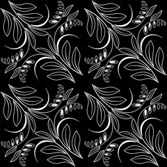 Wild flowers seamless pattern. Monochrome floral white design on black background. Kaleidoscope plant ornament. Vector illustration for wallpaper, giftpapers, textile, design projects and cards.