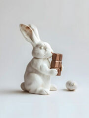 A domestic rabbit indulging in easter treats, the white bunny holds a chocolate bar and egg with glee