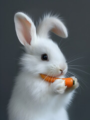 A domestic white rabbit eagerly holds a fresh carrot, its fluffy mammal ears perked with delight in its indoor home