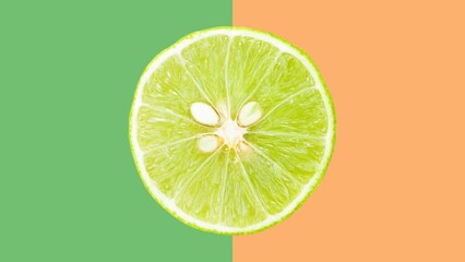  lime slice. With a top view and isolated on background,  close up of fresh lime slices as a background. fresh Juicy slice of lime cut. flat lay