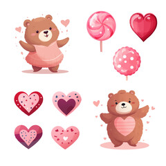 Valentine's day set vector illustrations hearts, teddy bear,  lollipop on white background for sticker, print, poster, postcard