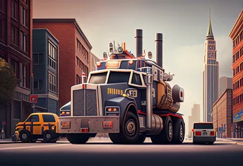 Poster cartoon scene with big truck with truck trailer in the middle of a city and police car helping - illustration for children. Generative AI © Camilo