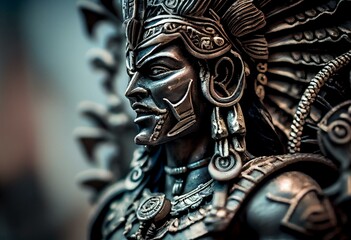 A sculpture of an Aztec god. Closeup of a mythological intricate metal carving of an ancient deity. Handcrafted statue featuring a religious and divine artifact . generative ai