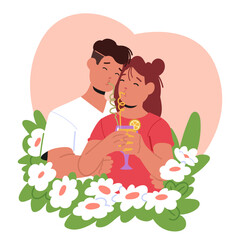 Blissful Couple Characters Shares Tender Moment, Sipping Cocktail Through Intertwined Straws, Their Eyes Locked In Love