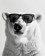 White polar bear wearing black sunglasses on the  minimal white background.  Black and white