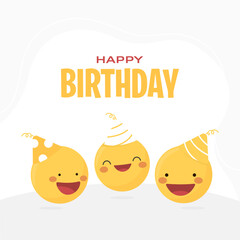 Happy Birthday post for social network template with a group of funny yellow face emoticons. Cute happy smiling emojis celebrating with party hats, happy birthay  text in the background. Edit vector