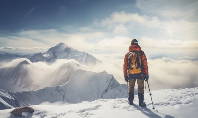 Fototapeta na wymiar Skilled skier is skiing down from mountain in beautiful winter landscape