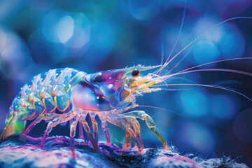 A vibrant deep-sea shrimp exploring the ocean floor