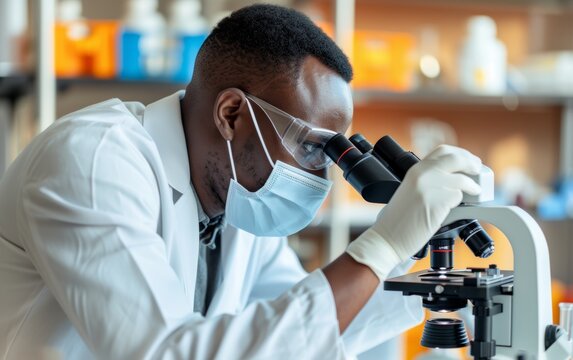 Focused male scientist in lab coat using microscope in a laboratory setting.