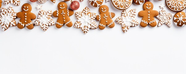 Fototapeta premium Beautiful Christmas decoration with amazing gingerbread cookies. Merry christmas theme. Christmas greeting card over white background, top view. Flat lay with copy space for xmas greetings.