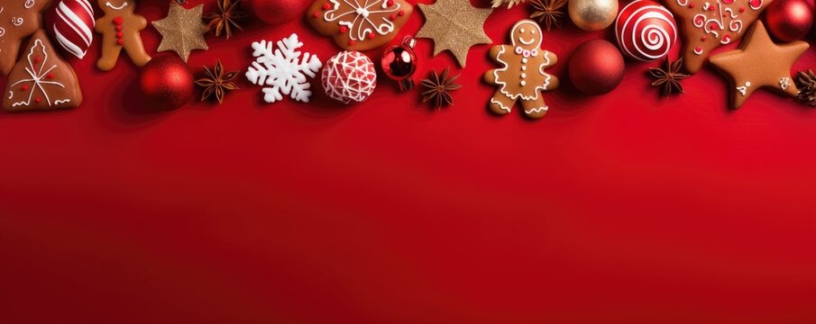 Beautiful Christmas decoration with amazing gingerbread cookies. Merry christmas theme. Christmas greeting card over red background, top view. Flat lay with copy space for xmas greetings.