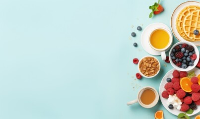 Obraz na płótnie Canvas Top view of Healthy breakfast concept with fresh pancakes, berries, fruit on light blue backgroudt. Free space for your text.
