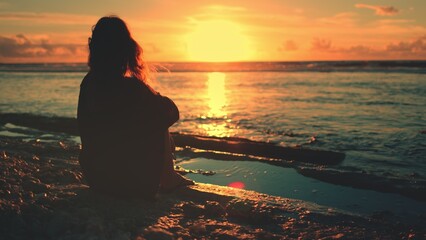 Woman sitting on beach looking at sunset sky and ocean waves. Dreaming girl enjoying summer vacation on a tropical island. Female silhouette, bright colorful sea view.
