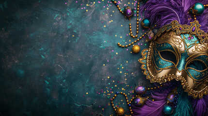  Flat lay Mardi Gras background with copy space.