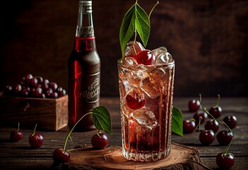 Refreshing cold cherry cola on the wooden background. Selective focus. Generative AI
