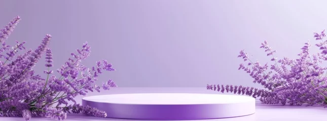 Foto op Plexiglas Lavender podium flower background purple product nature platform stand summer 3d table. Cosmetic podium lilac abstract field studio beauty flower spring lavender floral display plant backdrop crystal © BackgroundWorld