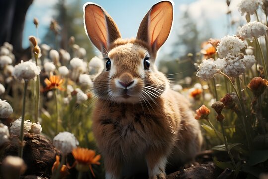Tierno conejo cafe en un bosque con flores blancas y amarillas en un dia soleado. Escena de primavera