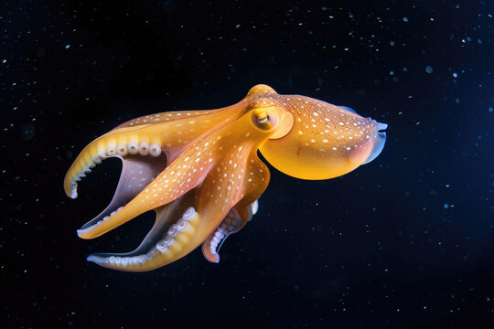 A rare Dumbo octopus gracefully swimming in the deep sea
