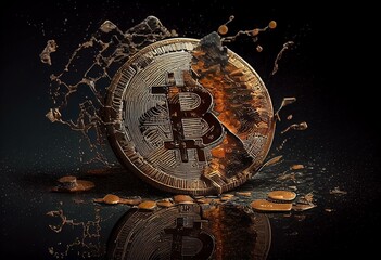 The coin of the cryptocurrency Bitcoin is breaking down. bitcoin virtual currency coin. Bitcoin is in danger. Generative AI