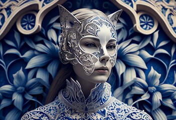 Catwomen made of filigree azulejos white and blue gothi. Generative AI - obrazy, fototapety, plakaty