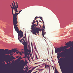 Illustration of Jesus Christ with Radiant Sun Backdrop

