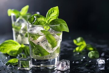 Alcoholic cocktail with basil and ice on black background.