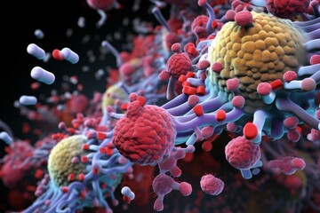 3D render of tiny bacteria and therapeutic organisms including lactobacillus and salmonella, a macro shot of oral bacteria when viewed under a microscope