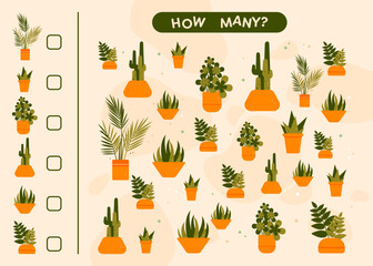 Count how many houseplants in pots. Mathematics puzzle.  Counting task. Educational mathematical game for kindergarten, preschool, school