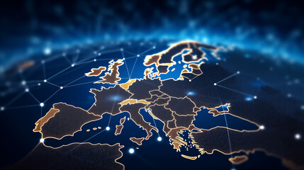 Fototapeta premium Abstract map of Western Europe, concept of European global network and connectivity, data transfer and cyber technology, information exchange and telecommunication