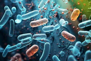 3D render of tiny bacteria and therapeutic organisms including lactobacillus and salmonella, a macro shot of oral bacteria when viewed under a microscope