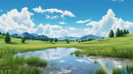 A pond under blue sky with a  green hill