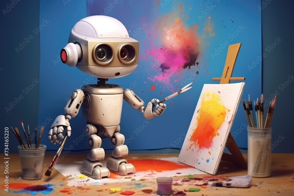 Poster concept of generative ai art technology, robot painting picture in studio. comeliness