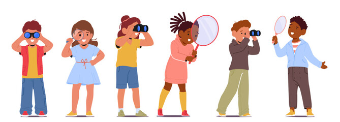 Children Eagerly Explore The World With Binoculars Or A Magnifying Glass, Discovering Hidden Wonders In Nature